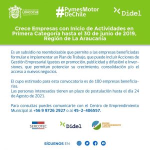 Lee más sobre el artículo Crece Empresas con Inicio de Actividades en Primera Categoría hasta el 30 de junio de 2019, Región de La Araucanía.