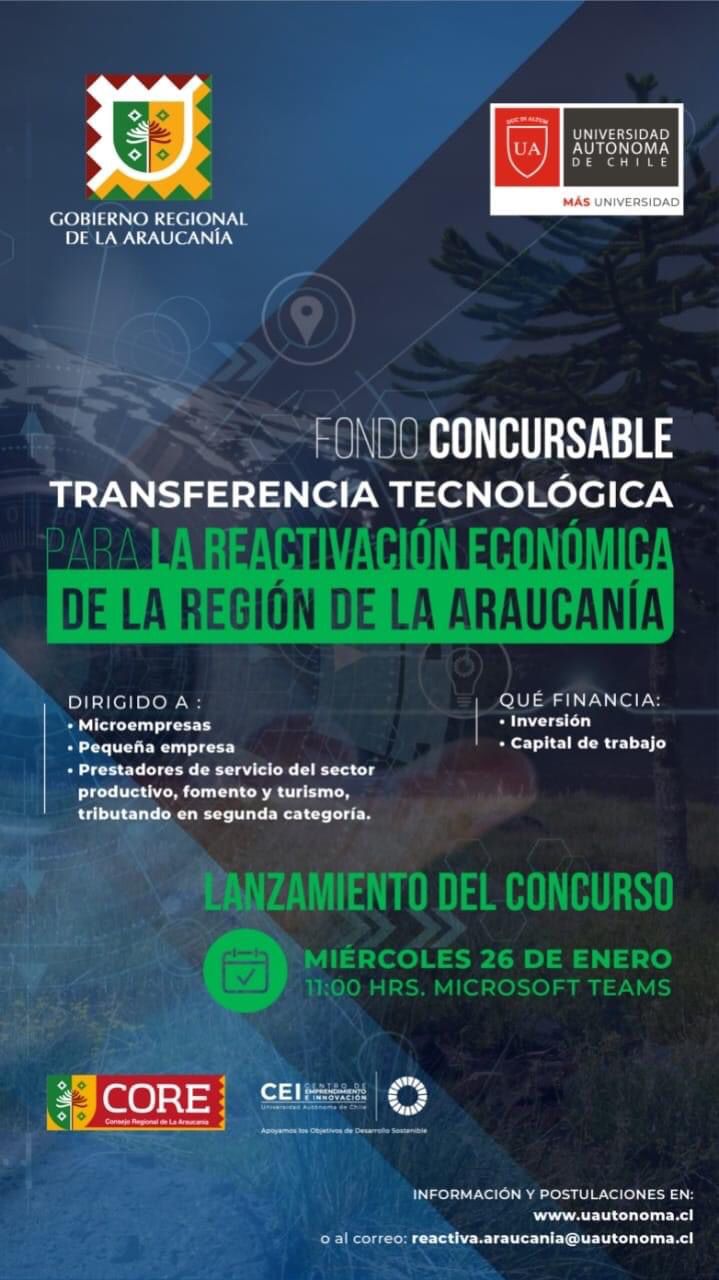 Lee más sobre el artículo FONDO CONCURSABLE TRANSFERENCIA TECNOLÓGICA PARA LA REACTIVACIÓN ECONÓMICA DE LA ARAUCANÍA.