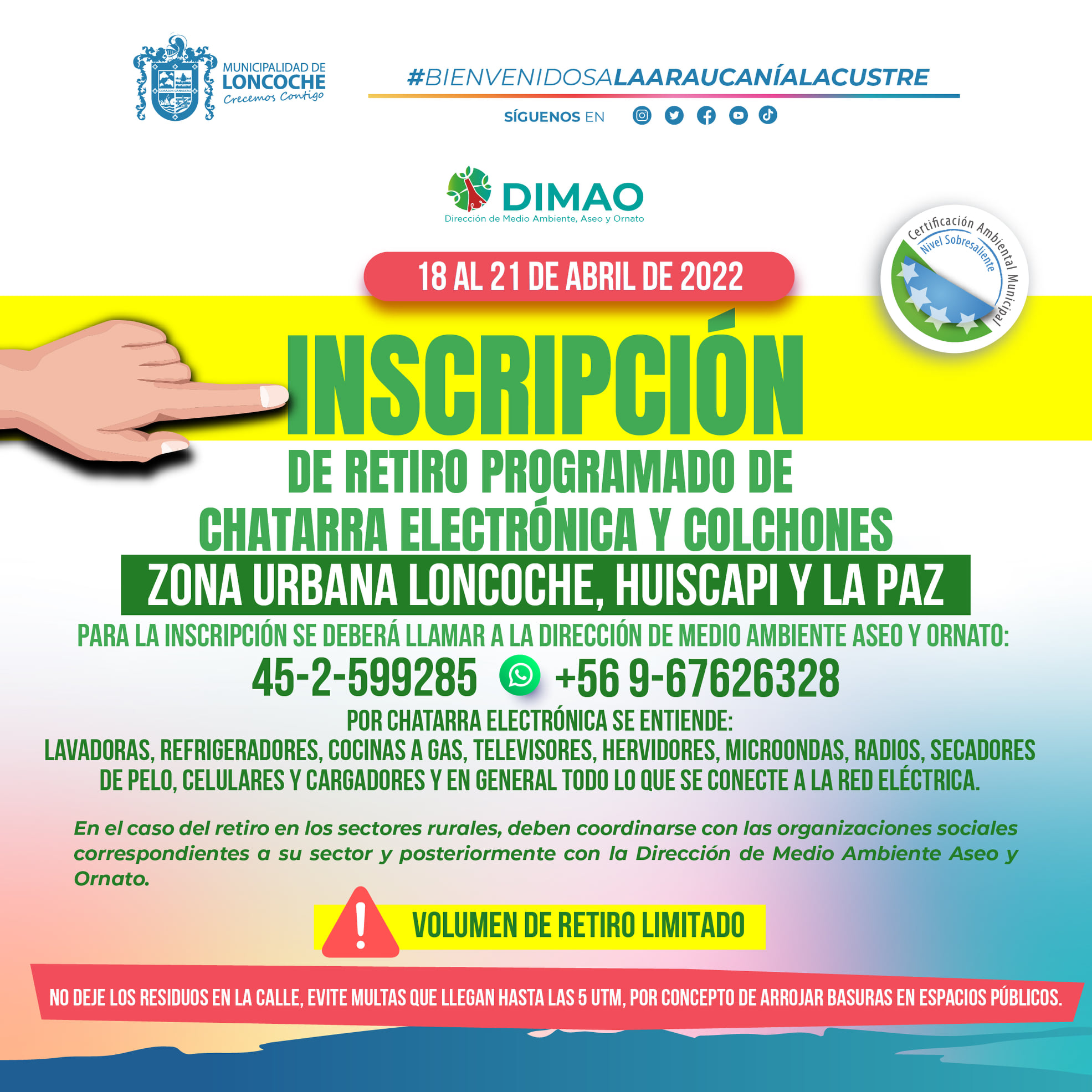 Lee más sobre el artículo ✅ INSCRIPCIÓN DE RETIRO PROGRAMADO DE CHATARRA ELECTRÓNICA Y COLCHONESZONA URBANA LONCOCHE, HUISCAPI Y LA PAZ.