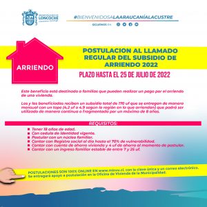 Lee más sobre el artículo 🔵 POSTULACION AL LLAMADO REGULAR DEL SUBSIDIO DE ARRIENDO 2022.