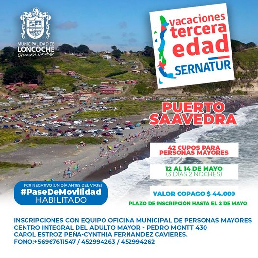 En este momento estás viendo VACACIONES DE TERCERA EDAD PARA PUERTO SAAVEDRA.