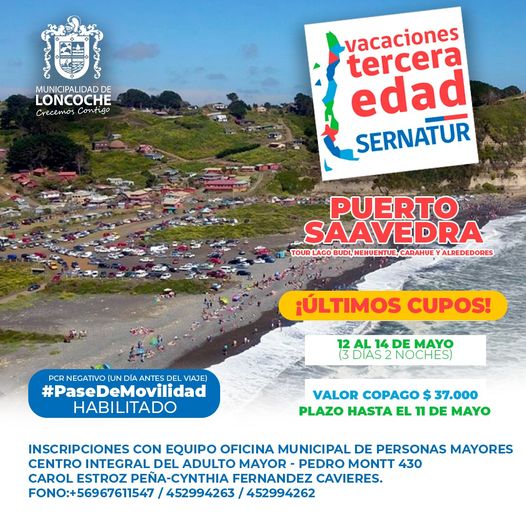 Lee más sobre el artículo ¡ÚLTIMOS CUPOS PARA VACACIONES TERCERA EDAD CON DESTINO A PUERTO SAAVEDRA!