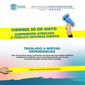 Lee más sobre el artículo ¡ATENCIÓN VECINOS DE LA COMUNA!SE SUSPENDE ATENCIÓN A PÚBLICO DE LA DIRECCIÓN DE DESARROLLO COMUNITARIO.