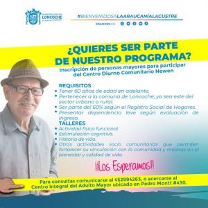 Lee más sobre el artículo INSCRIPCIÓN DE PERSONAS MAYORES PARA PARTICIPAR DEL CENTRO DIURNO COMUNITARIO NEWEN.