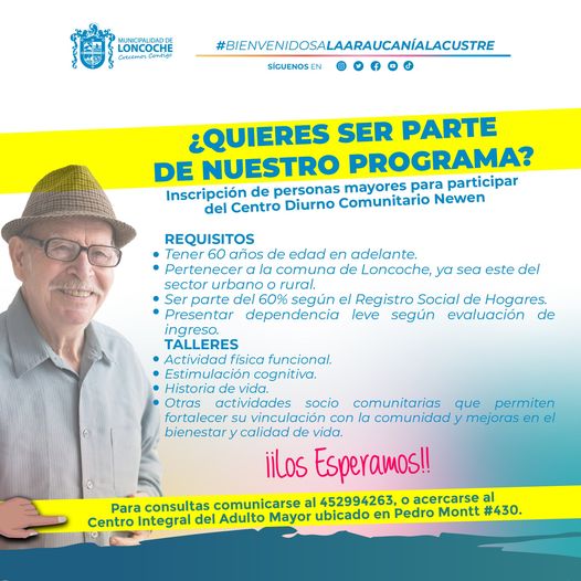 Lee más sobre el artículo INSCRIPCIÓN DE PERSONAS MAYORES PARA PARTICIPAR DEL CENTRO DIURNO COMUNITARIO NEWEN.