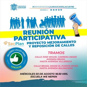 Lee más sobre el artículo INVITAN A REUNIONES PARTICIPATIVAS PARA PROYECTOS DE MEJORAMIENTO Y REPOSICIÓN DE CALLES.
