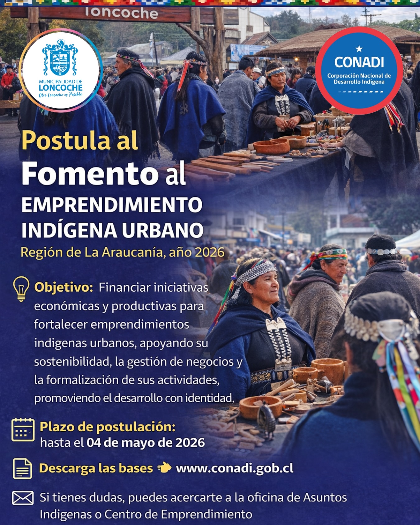 En este momento estás viendo Atención Loncoche, el Fomento al Emprendimiento Indígena Urbano 2026 ya está abierto en la Región de La Araucanía.