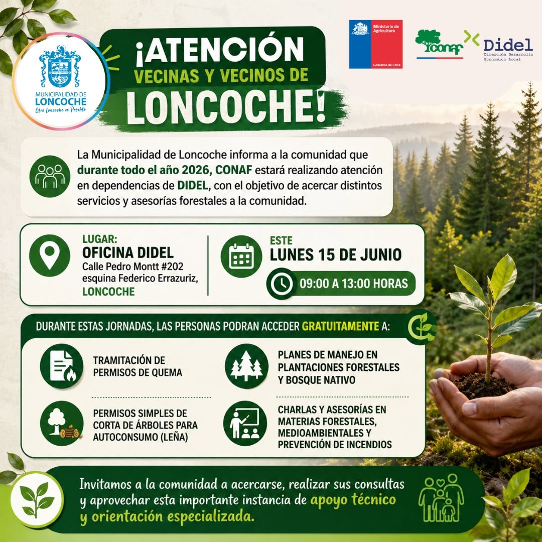 En este momento estás viendo ATENCIÓN VECINAS Y VECINOS DE LONCOCHE: ATENCIÓN DE PROFESIONAL DE CONAF EN DIDEL