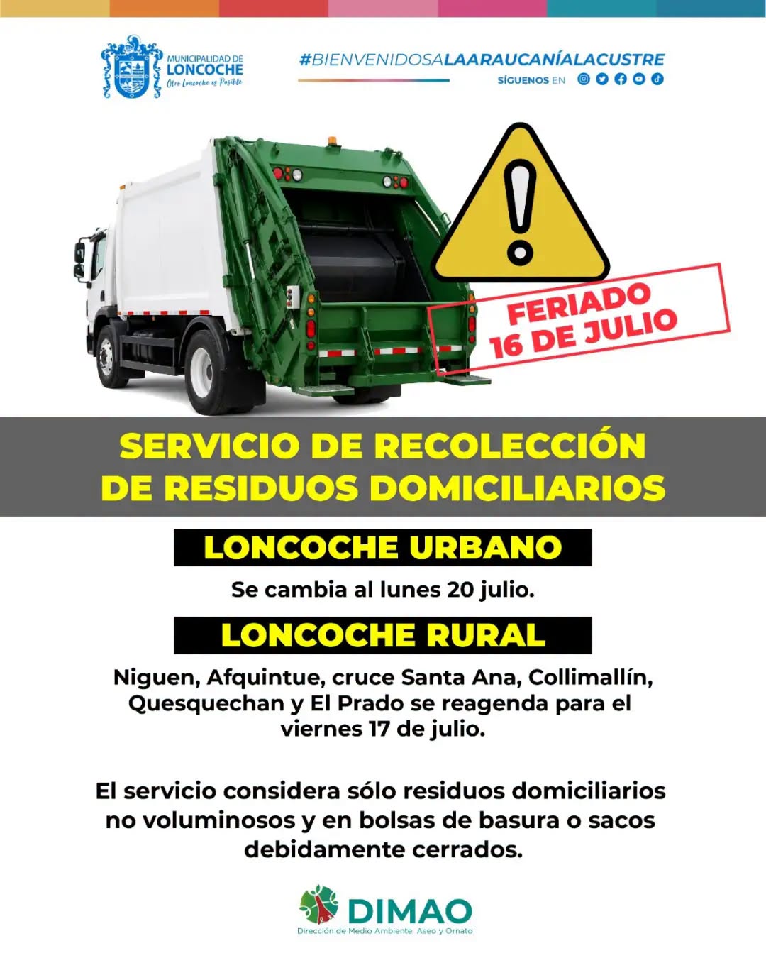 En este momento estás viendo ATENCIÓN LONCOCHE – MODIFICACIÓN DE SERVICIO DE RECOLECCIÓN