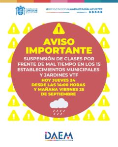 Lee más sobre el artículo AVISO IMPORTANTE | SUSPENSIÓN DE CLASES POR FRENTE DE MAL TIEMPO