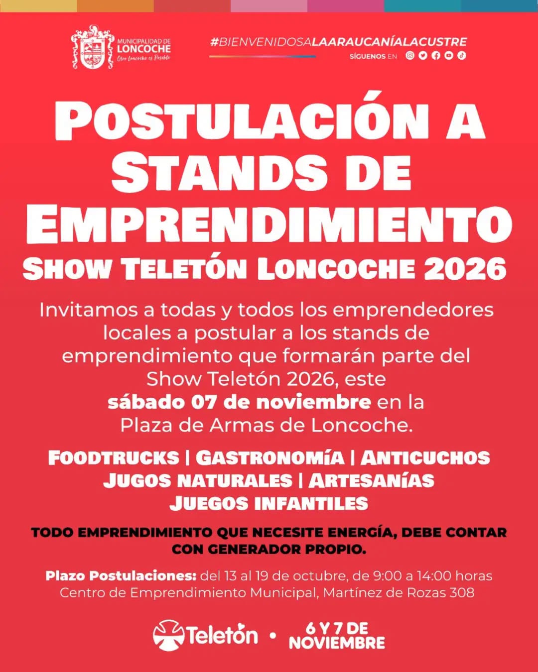 En este momento estás viendo ¡POSTULA A LOS STANDS DE EMPRENDIMIENTO DEL SHOW TELETÓN LONCOCHE 2026!