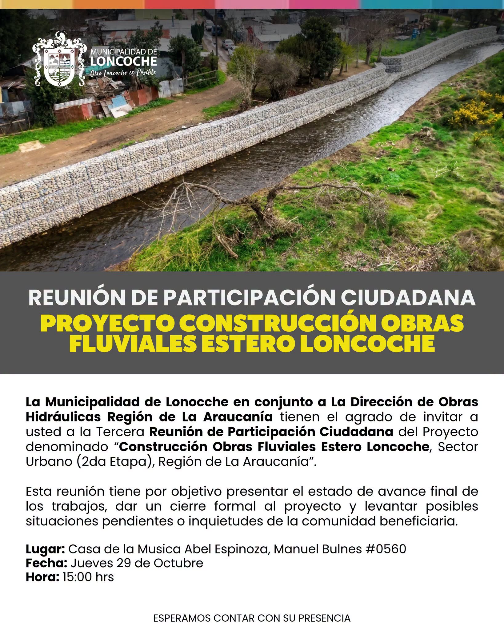 En este momento estás viendo TERCERA REUNIÓN DE PARTICIPACIÓN CIUDADANA PRESENTARÁ AVANCES FINALES DE LAS OBRAS FLUVIALES DEL ESTERO LONCOCHE